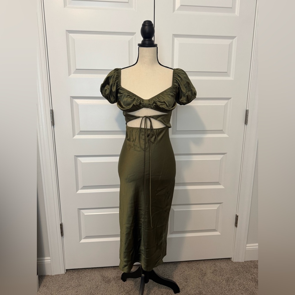 Princess Polly Olive Satin Midi Dress with Puff Sleeves & Tie Cutout